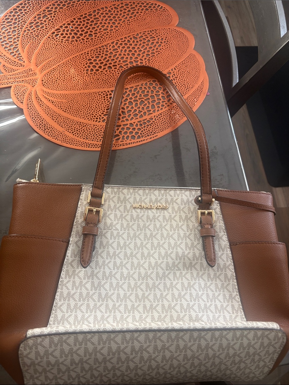 Michael Kors Brown and Cream Signature Logo Tote with Gold Hardware
